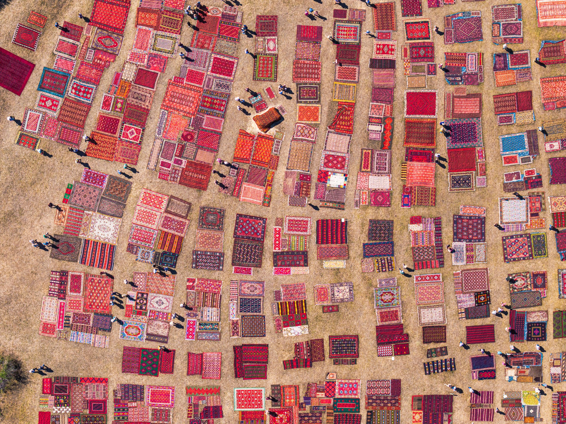 Colorful Carpets Market, Aerial View. Abstract Background